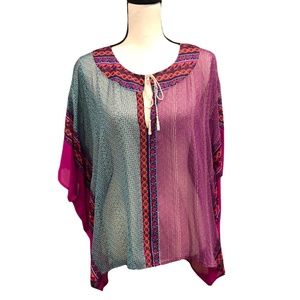 MADISON MARCUS LOOSE FIT MULTICOLOR MIXED PATTERNS SEMI SHEER SILK SQUARE TOP